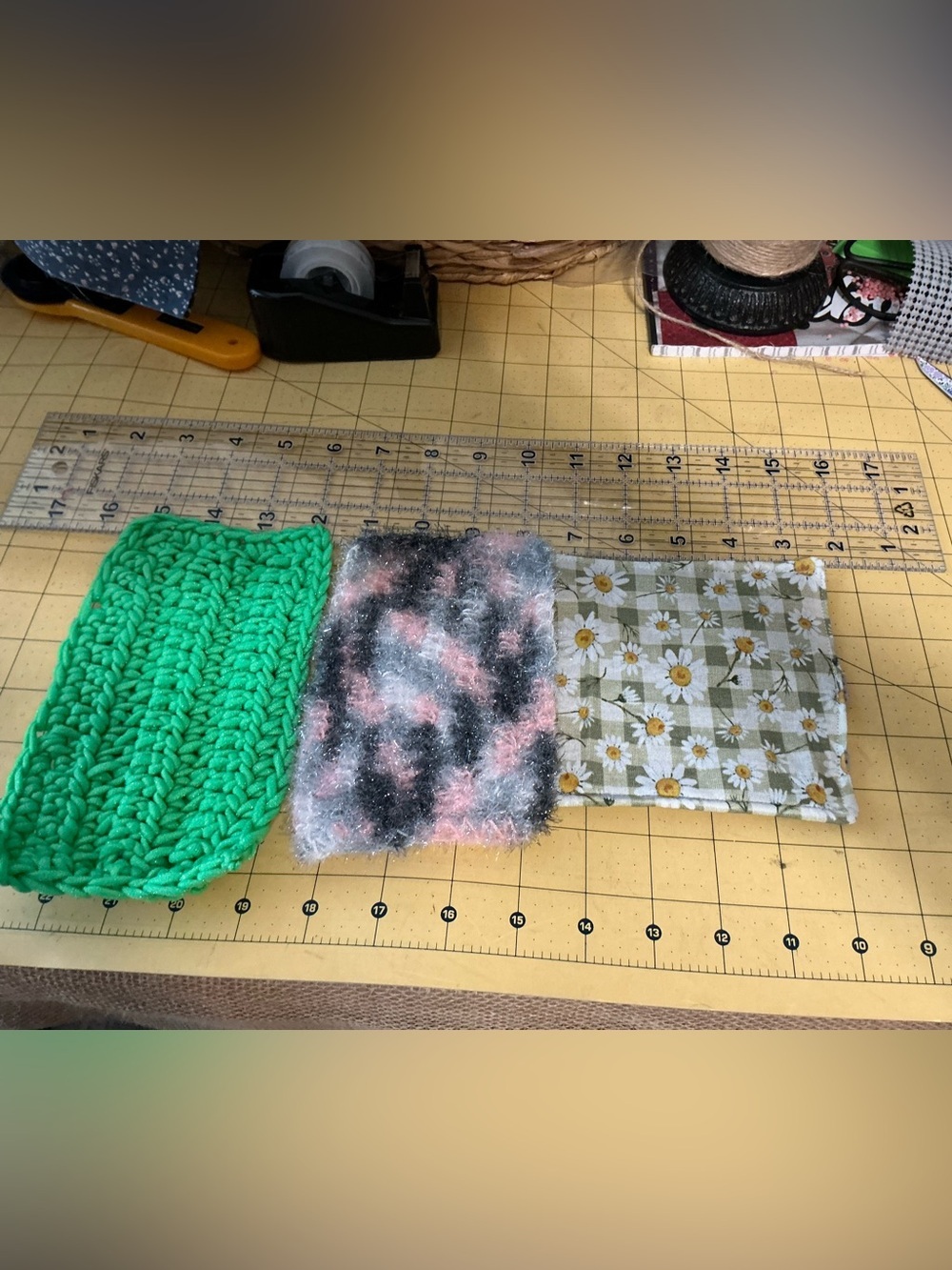 2 Handmade crochet dish scrubbies and 1 sewn jar opener!